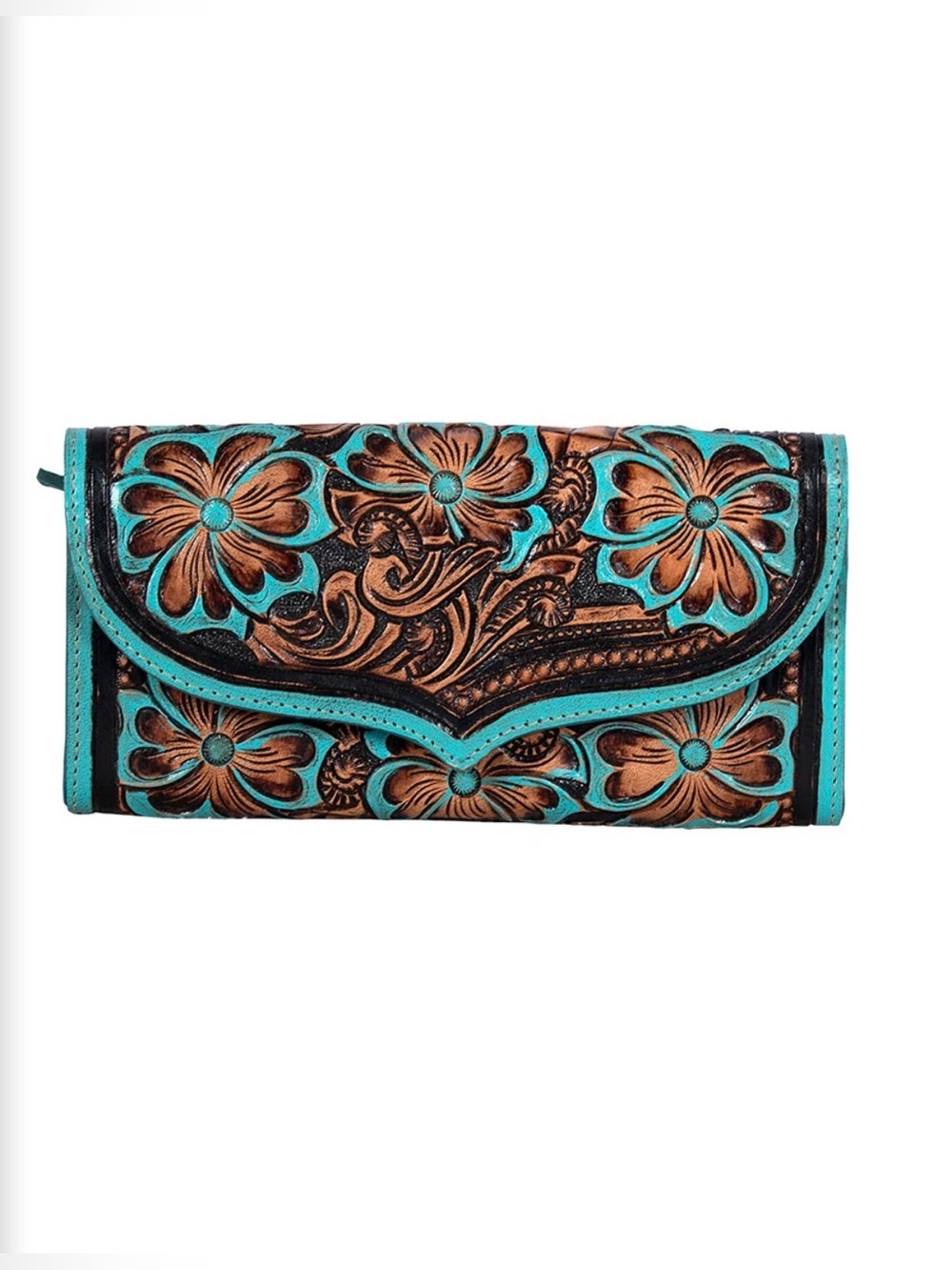 Western Wallet Turquoise and Brown Tooled Floral Wallet - Women's Clutch